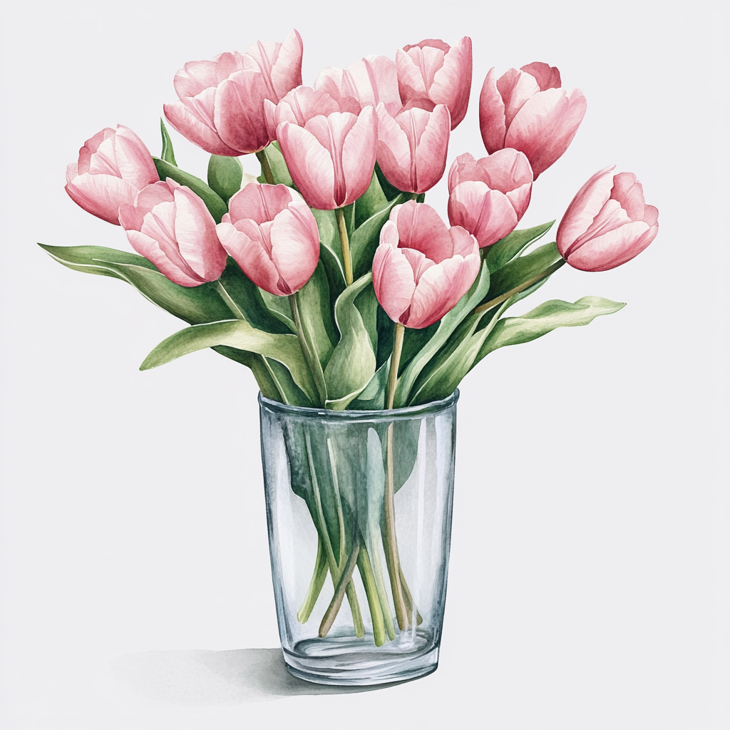 Beautiful pink tulips in glass vase watercolor clipart