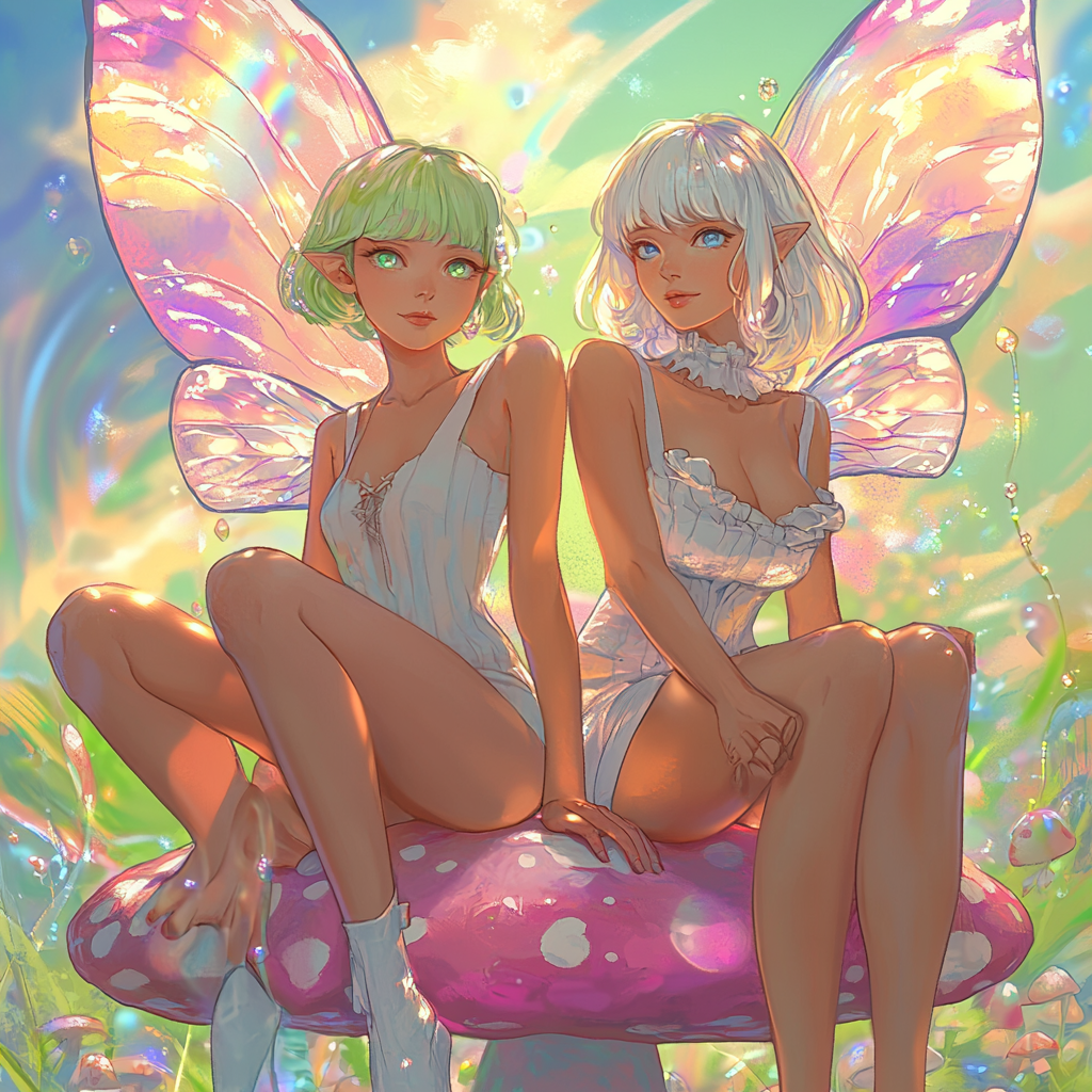 Beautiful pixie women sitting on pink toadstool with wings.