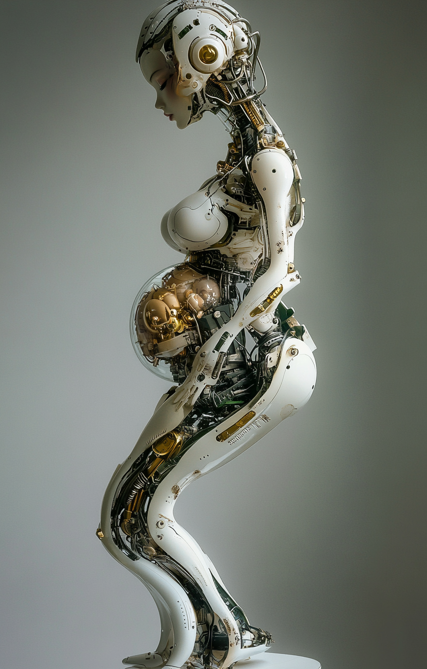 Beautiful pregnant robot with intricate mechanical legs