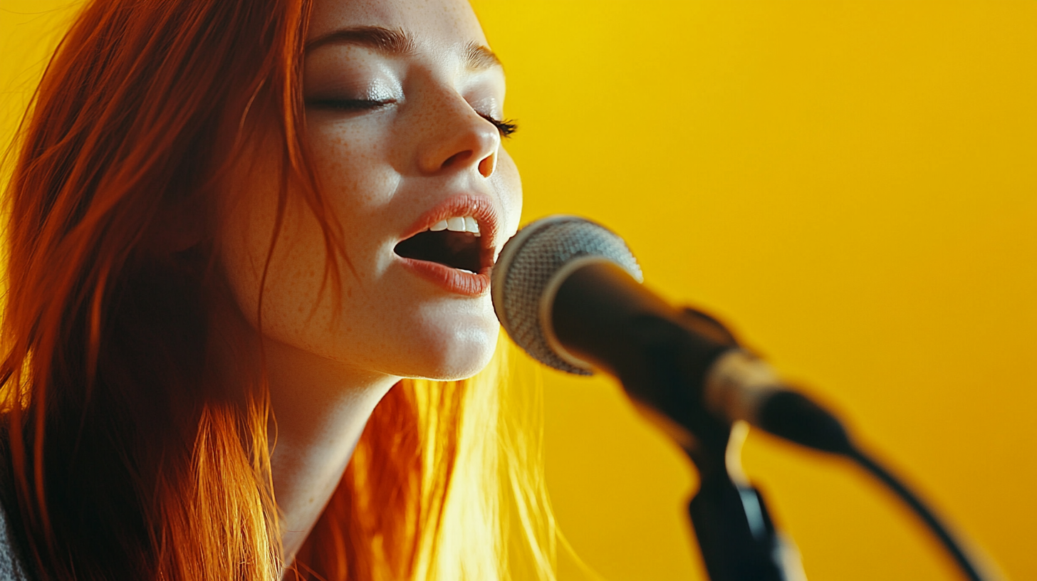 Beautiful red-haired woman singing on yellow backdrop.