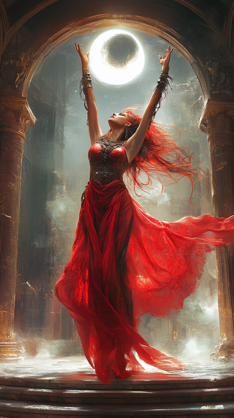 Beautiful red high priestess in dynamic pose with moon croissant at feet.