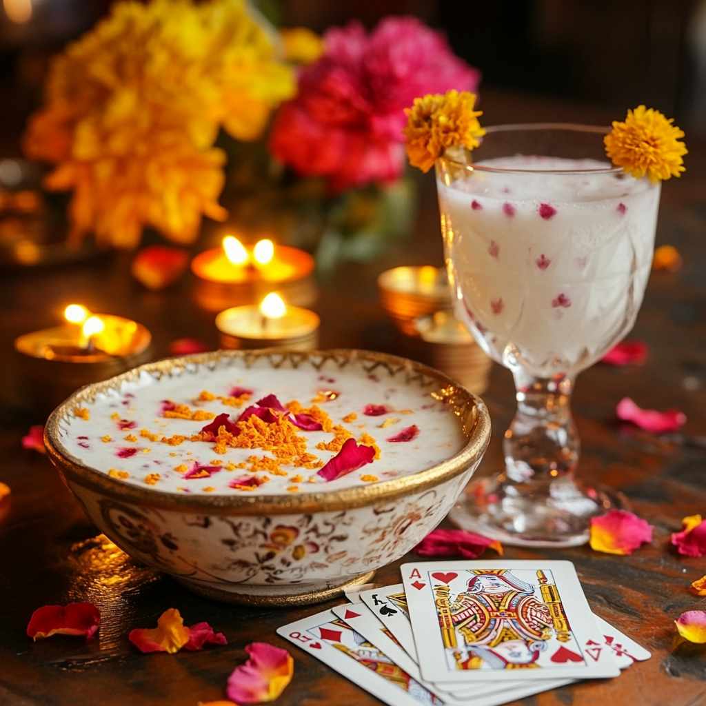 Beautiful rose petal dessert with cocktail and props