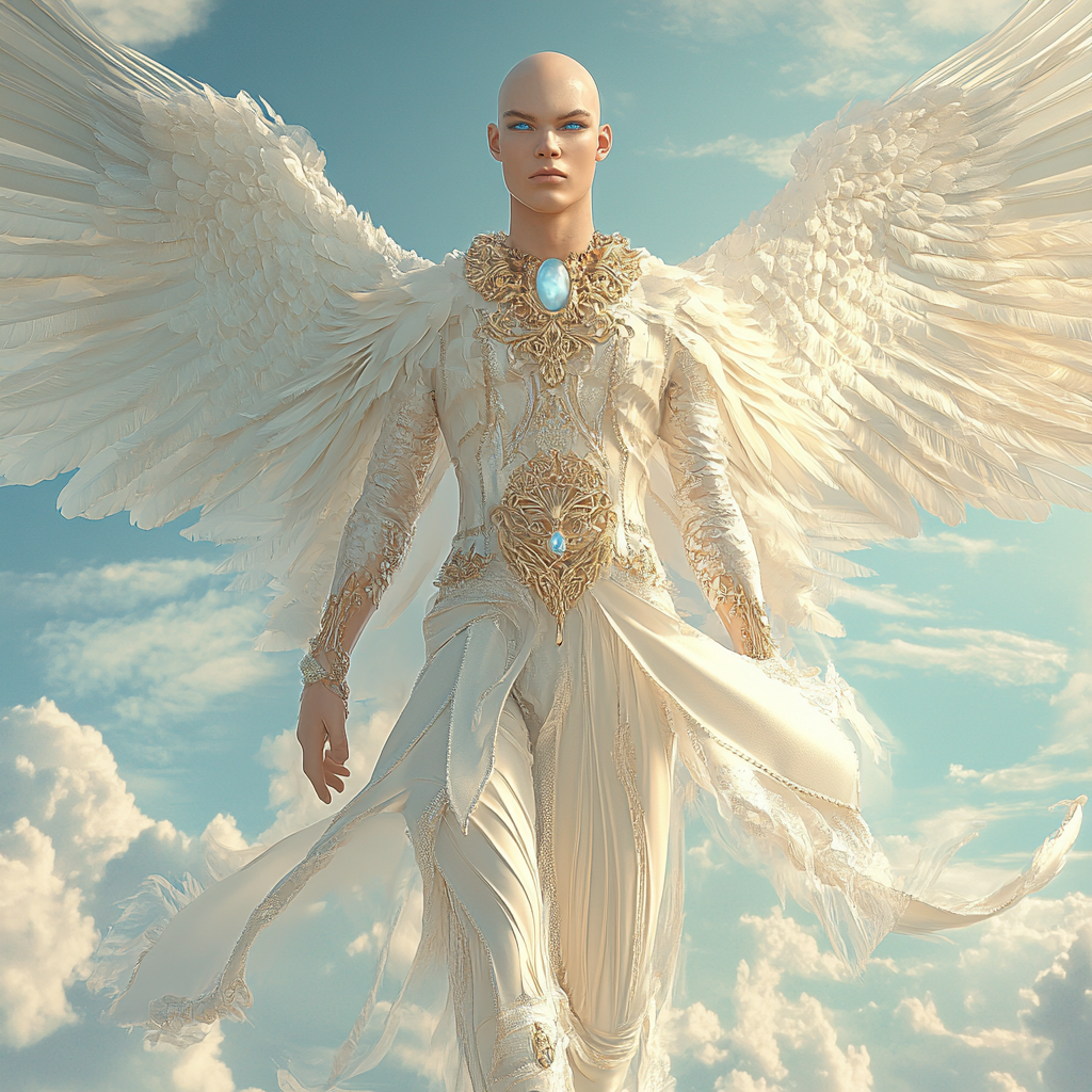 Beautiful skinny bald Angel with blue eyes flying high in sky.