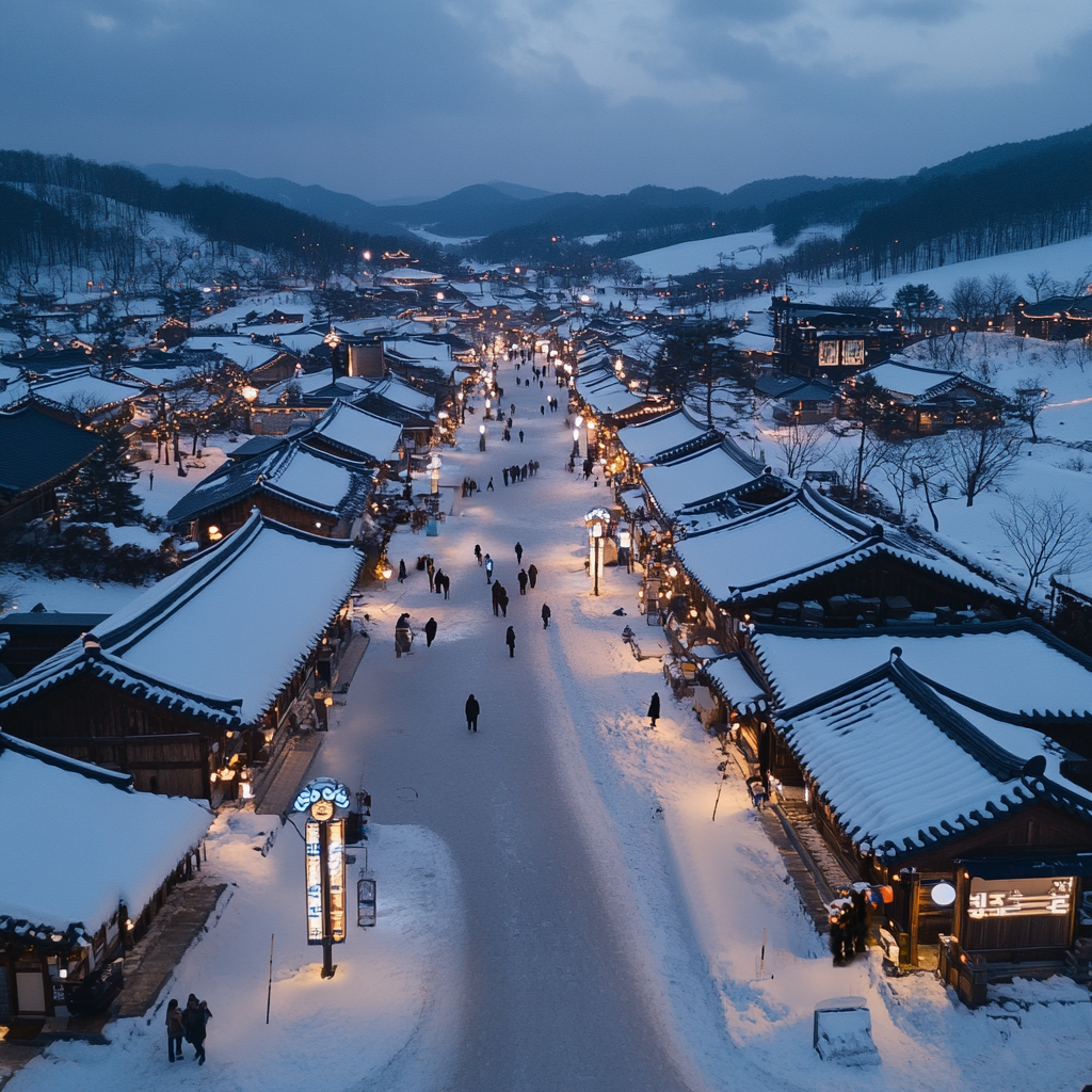 Beautiful snowy village at dusk with mountain view