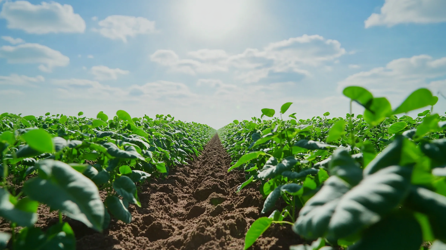 Beautiful soybean plantation, full and growing, sunny day.