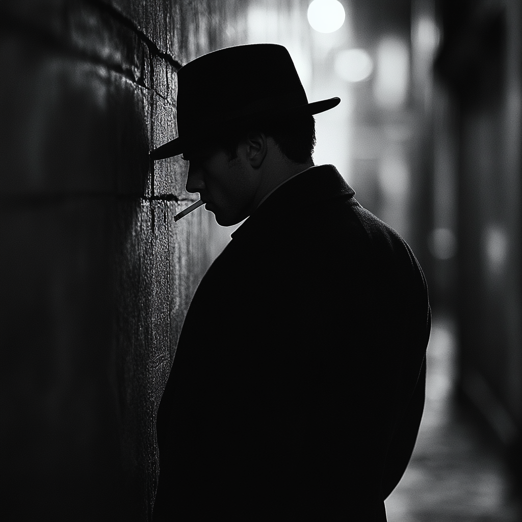 Beautiful spy leans against wall, smokes cigarette, watches.