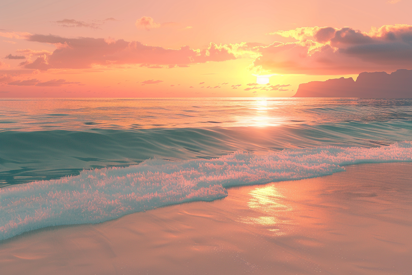 Beautiful sunset on calm ocean shore with vibrant sky.