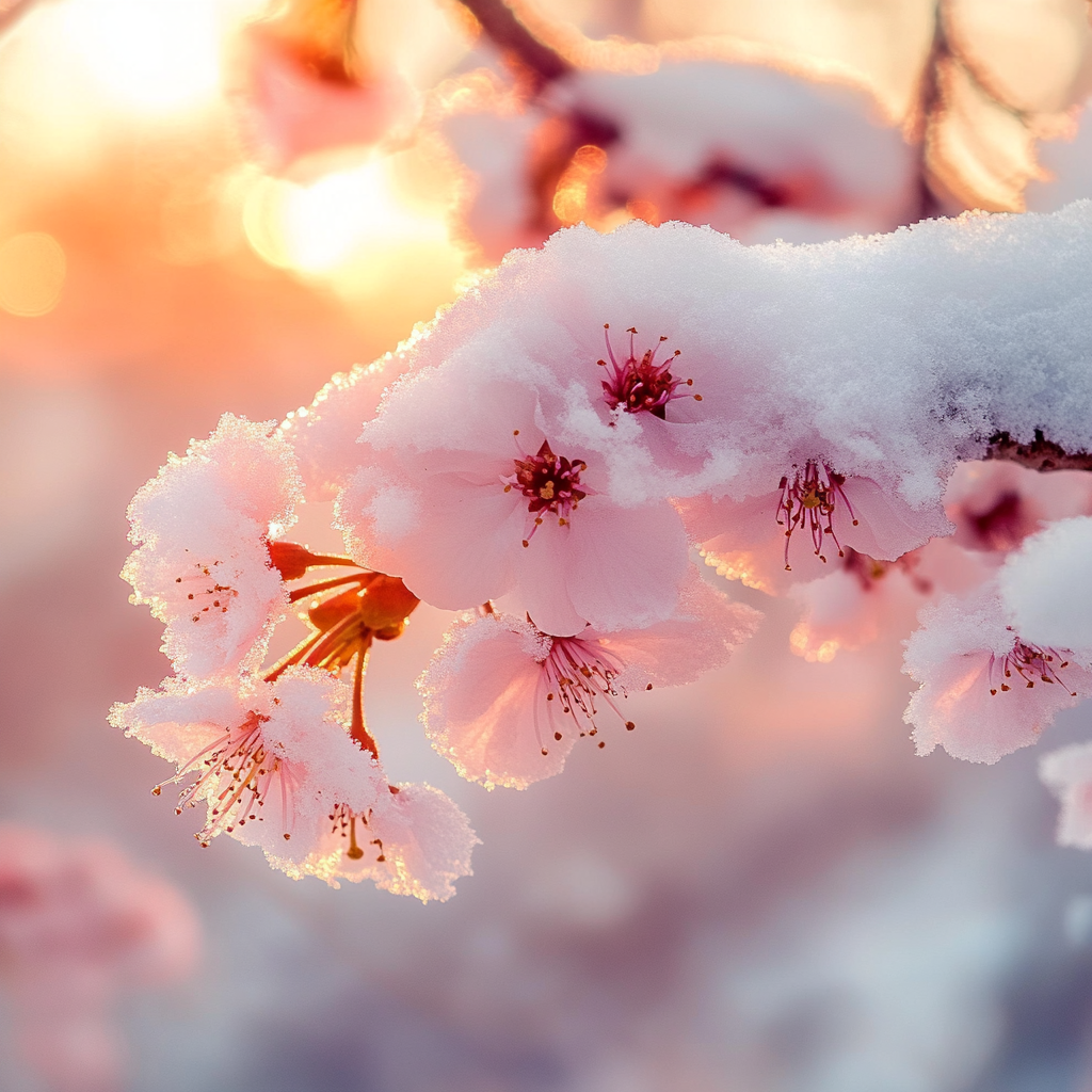 Beautiful sunset over snow-covered cherry blossoms.