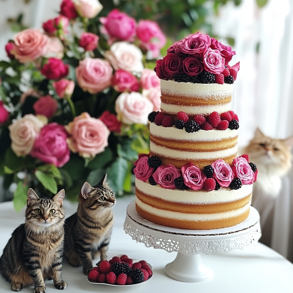 Beautiful three-tiered cake surrounded by cats and flowers