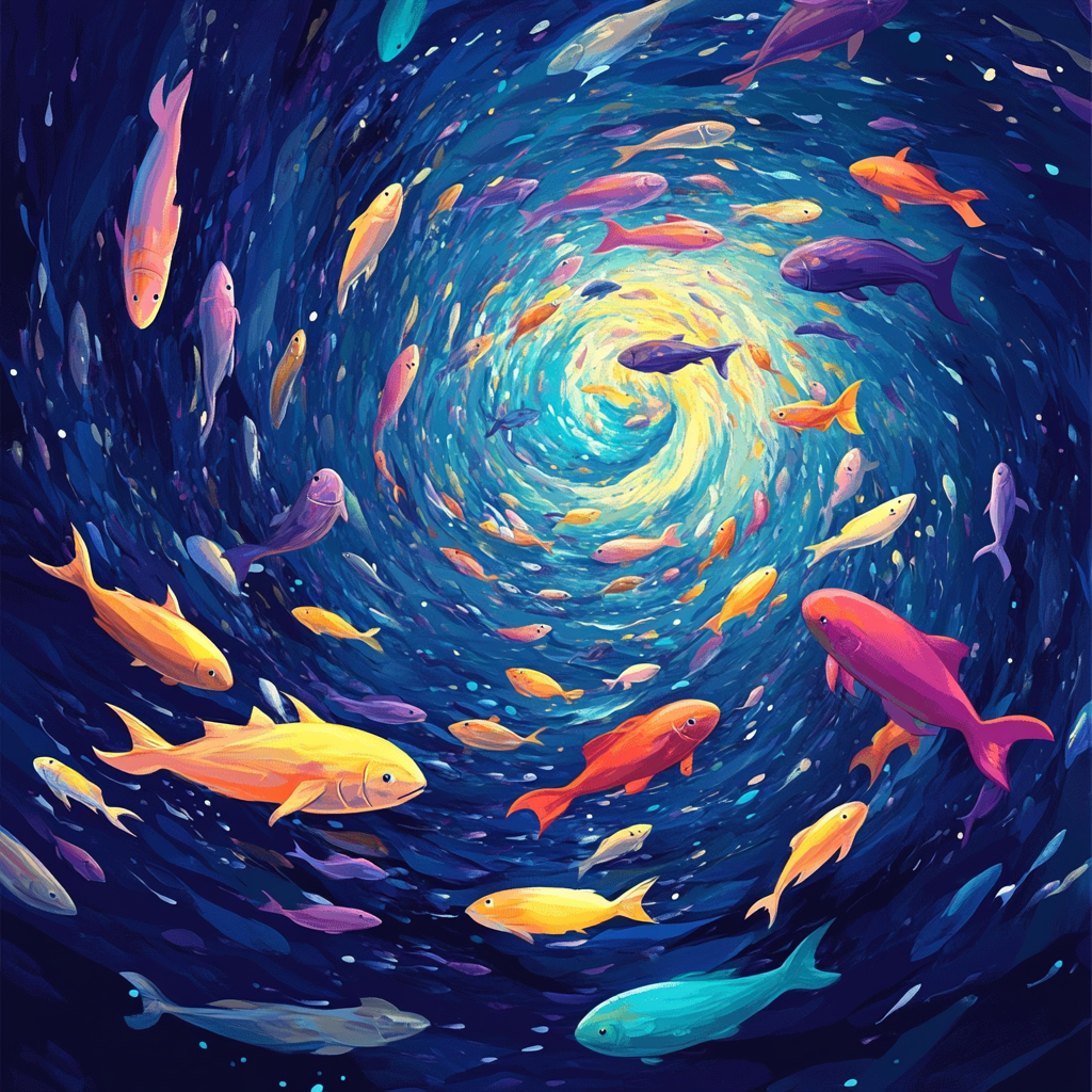 Beautiful underwater scene with vibrant fish and vortex.