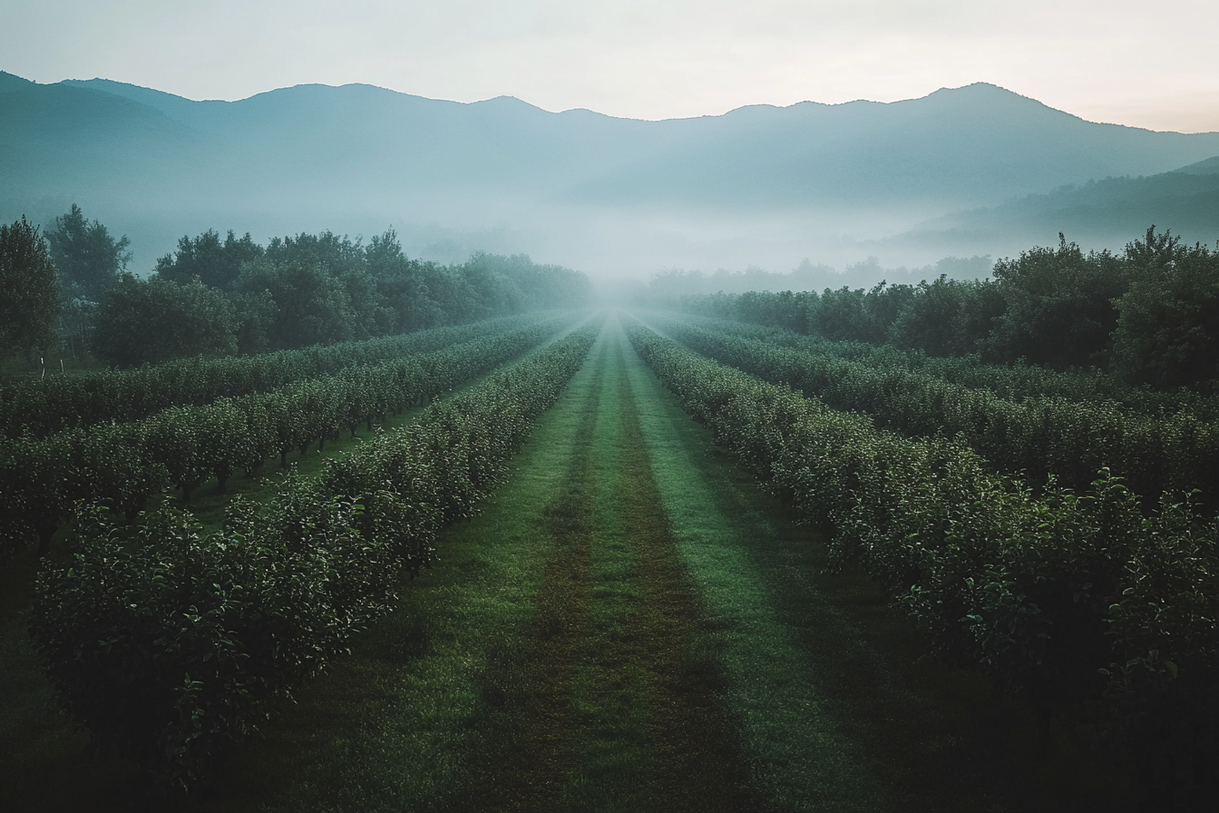 Beautiful view of apple orchards with mountains in background