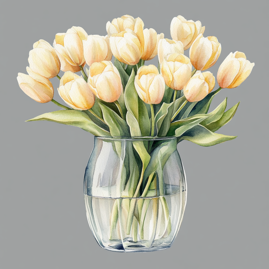 Beautiful watercolor bouquet of pastel yellow tulips in vase