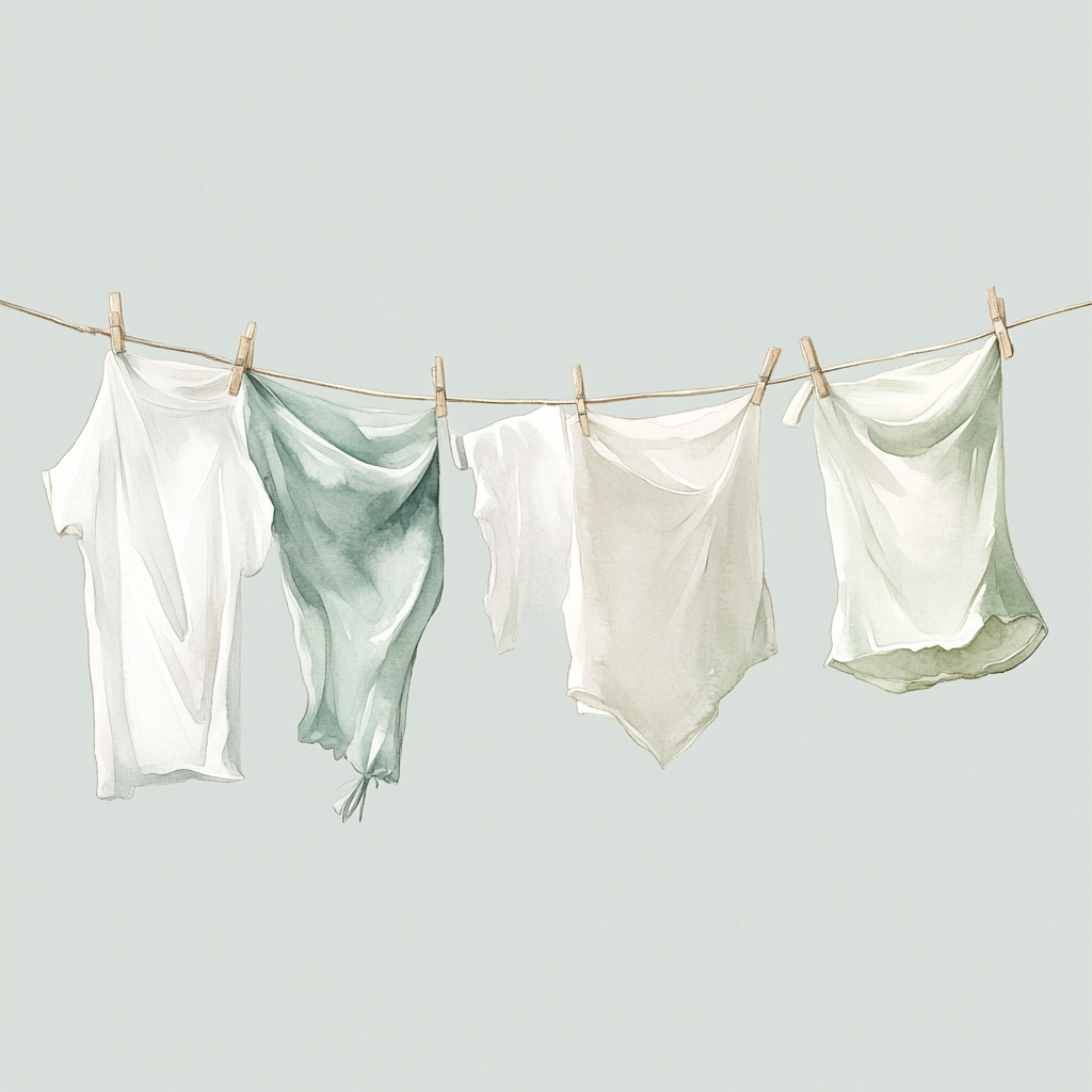 Beautiful watercolor clothesline with soft colors and details.