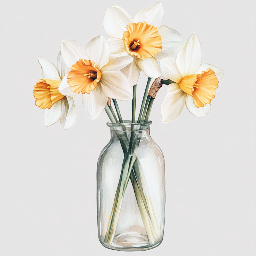 Beautiful watercolor daffodils in glass vase illustration