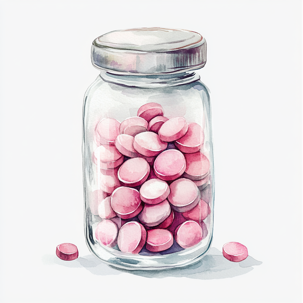 Beautiful watercolor illustration of pink pills in container