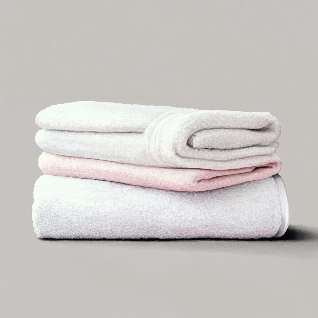 Beautiful watercolor of folded towels on gray background.