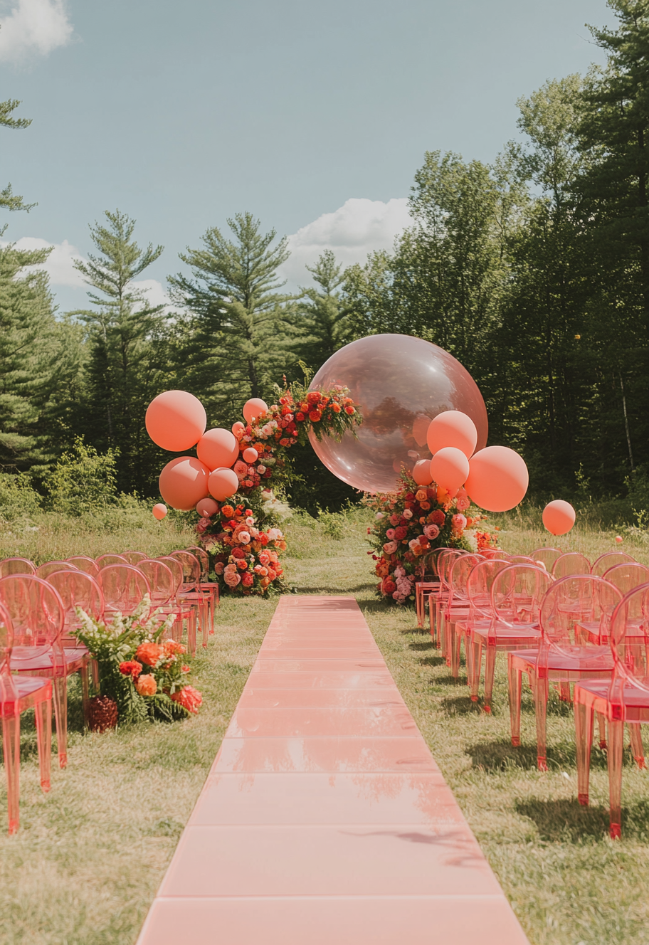 Beautiful wedding ceremony with pink balloons and maroon decor