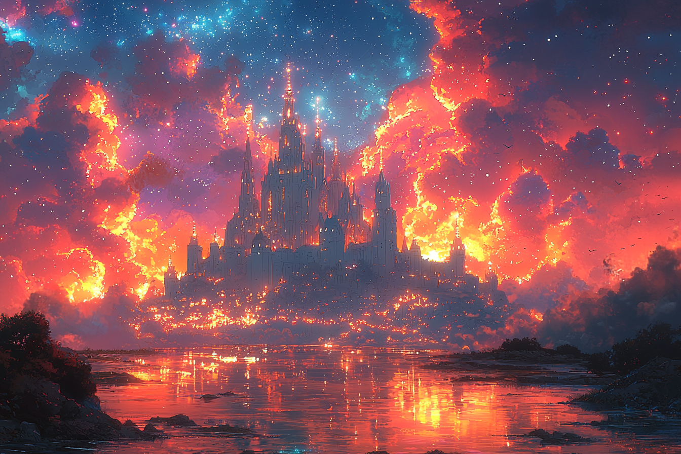 Beautiful white castle in sparkly night sky, hand-drawn anime.