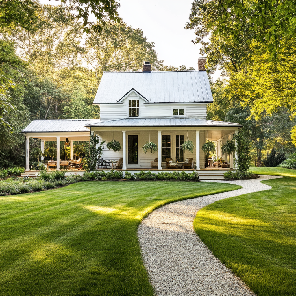 Beautiful white farmhouse in serene rural setting, surrounded by trees.