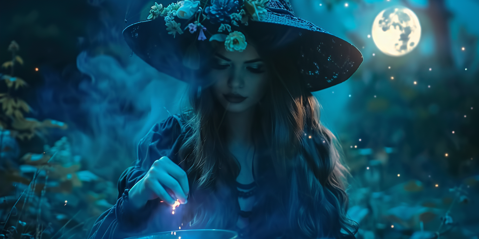 Beautiful witch making magic potion in forest at night.