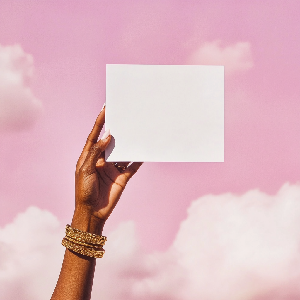 Beautiful woman hand holding white post it note 