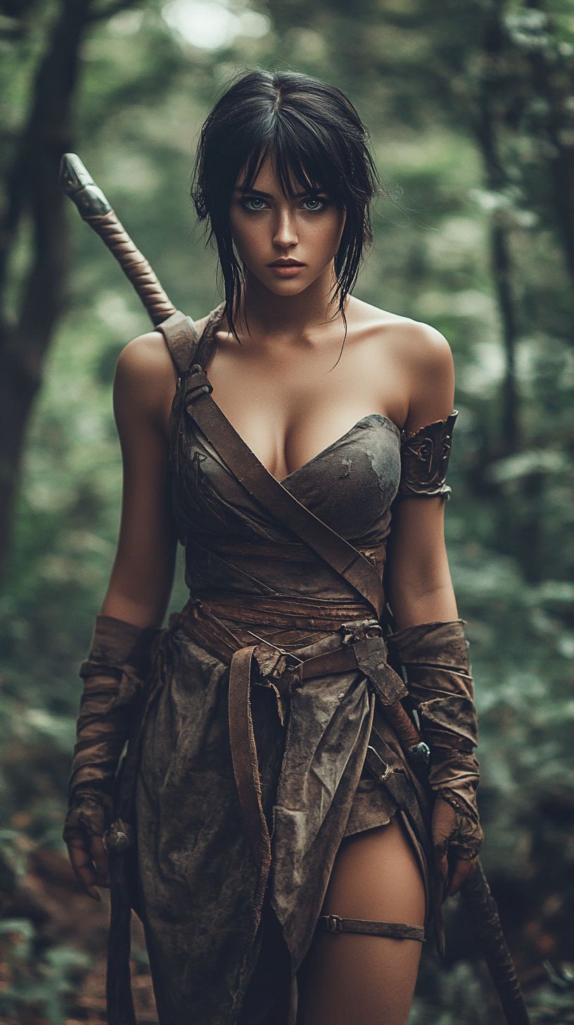 Beautiful woman in Conan-style outfit, warrior in forest.