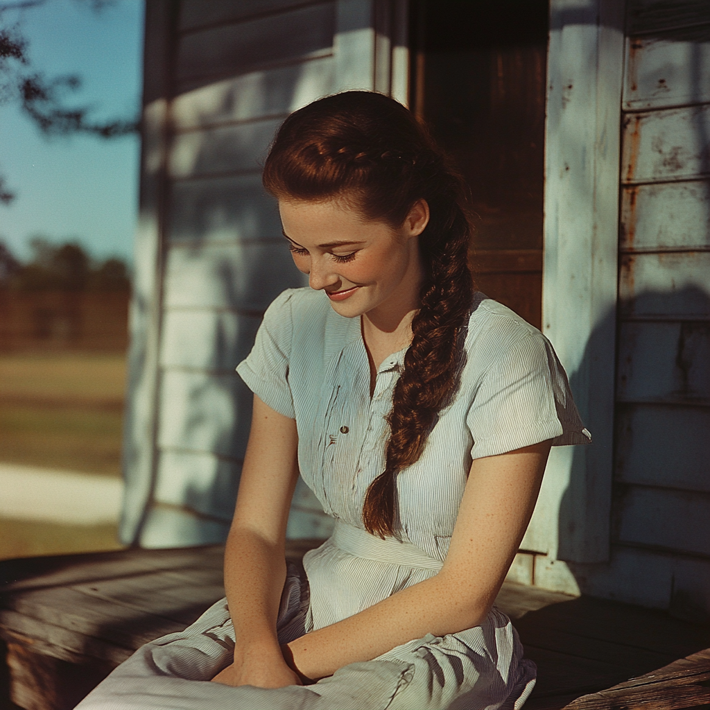 Beautiful woman in Kentucky smiling on porch steps.