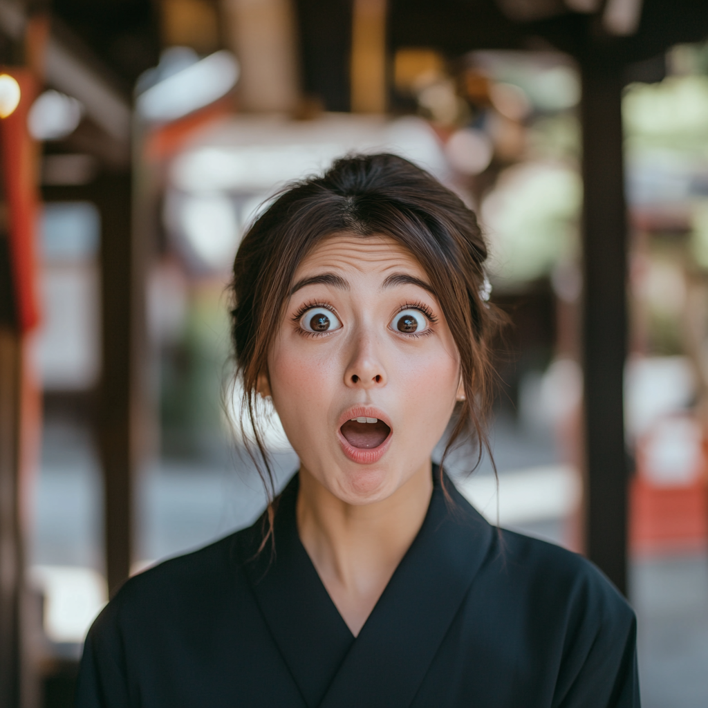 Beautiful woman in black kimono looking shocked at camera.