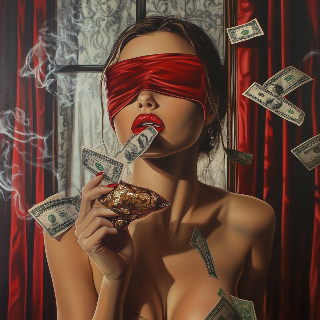 Beautiful woman in blindfold smoking cannabis with money flying out window