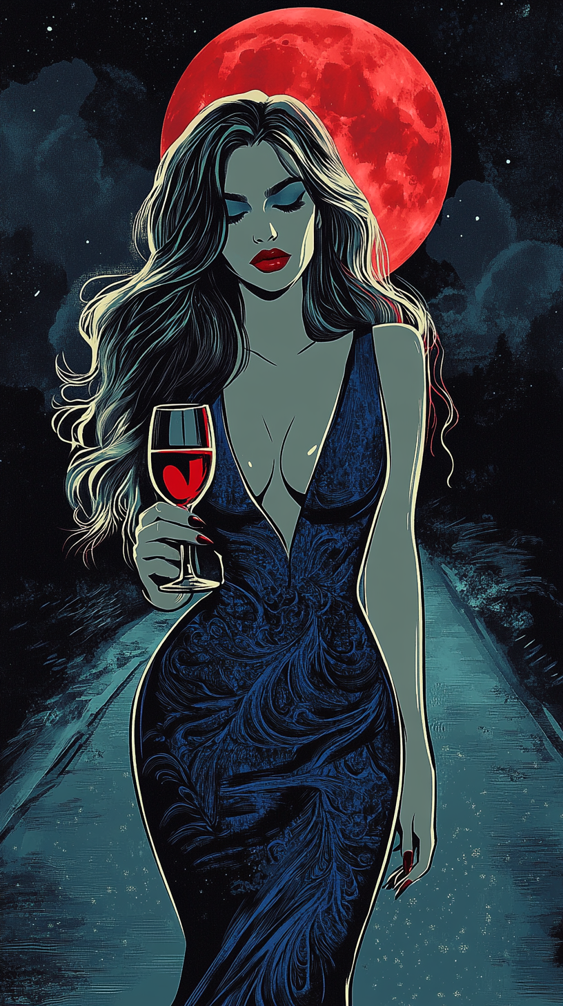 Beautiful woman in blue dress with wine, moon background.