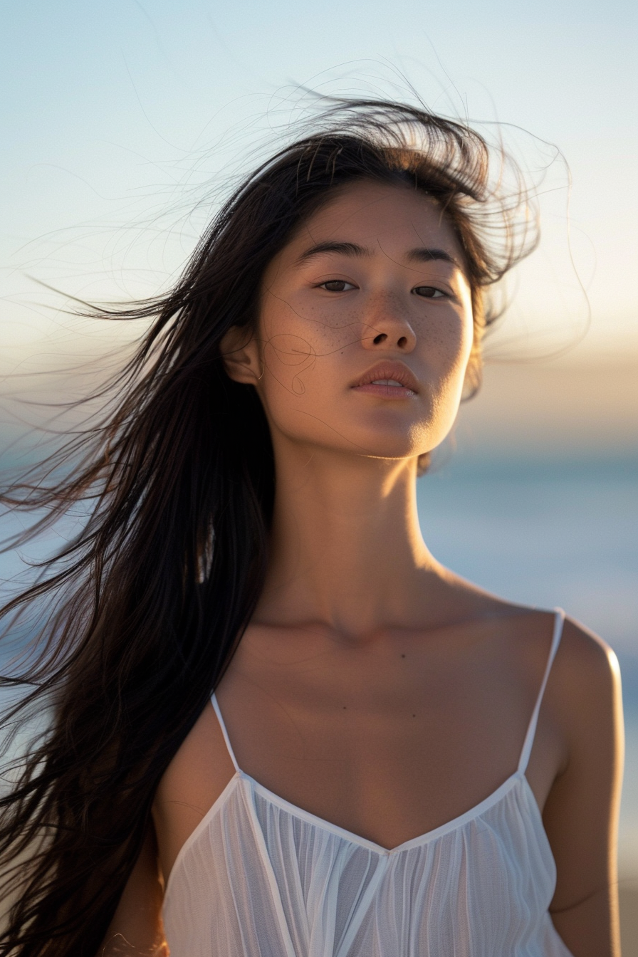 Beautiful woman in white dress on sunny beach