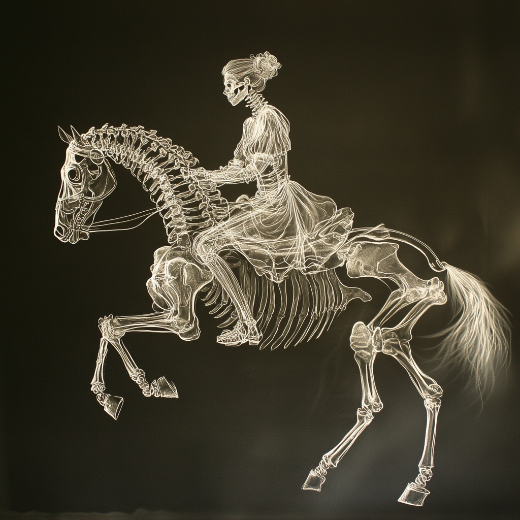 Beautiful woman on glowing horse skeleton