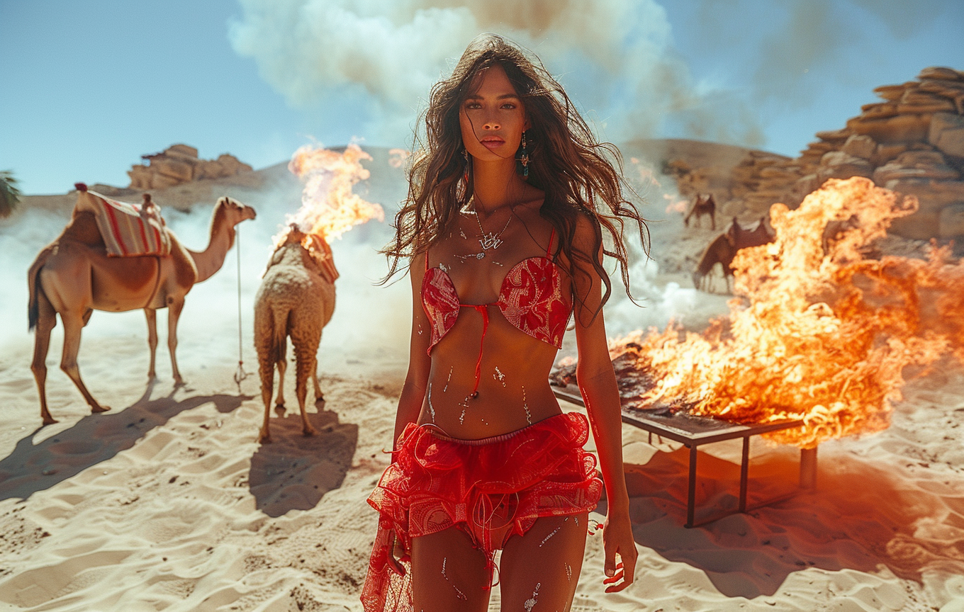 Beautiful woman standing on burning table in desert surrealistically.