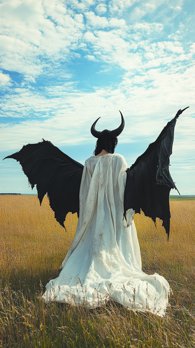 Beautiful woman with bat wings and horn stands in field.