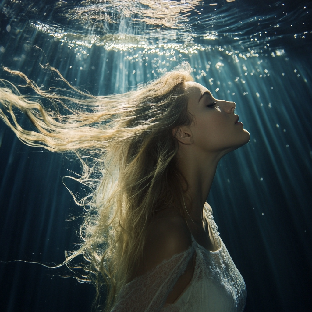 Beautiful woman with blond hair underwater in sunlight shafts.