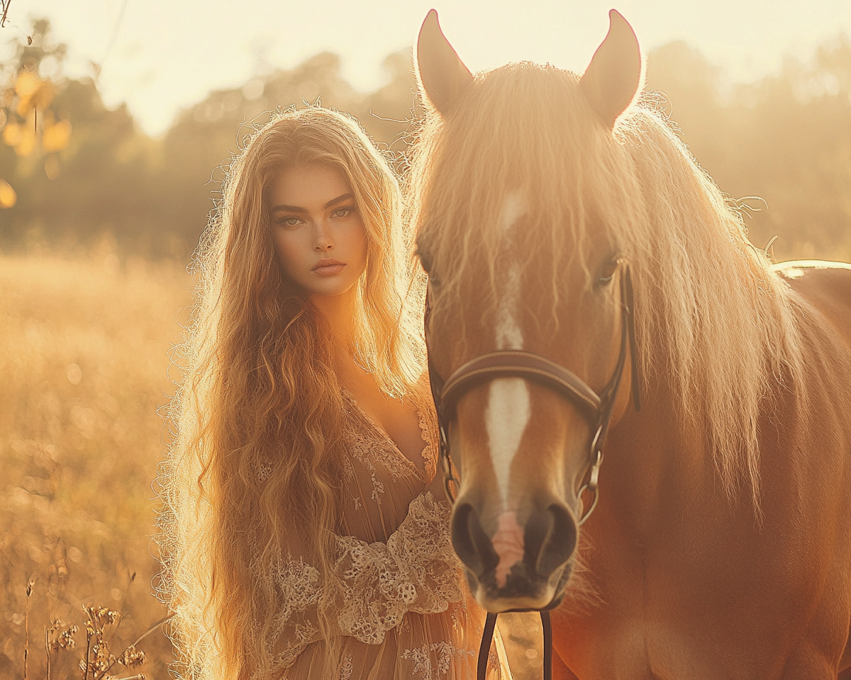 Beautiful woman with blonde hair and brown horse photo.