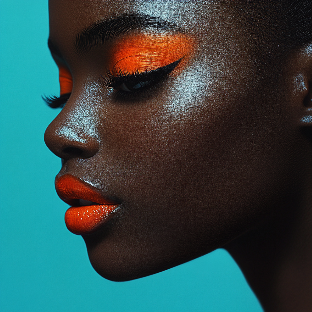 Beautiful woman with bold orange makeup in profile.