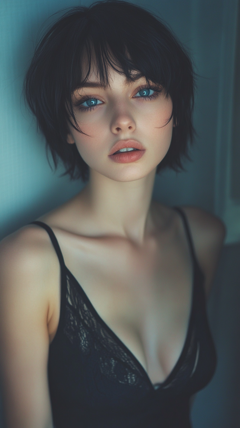 Beautiful woman with short black hair and blue eyes.