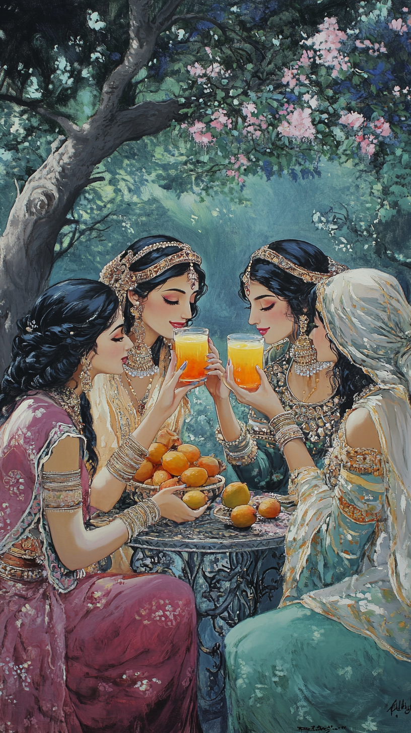 Beautiful women drinking soursop juice in ancient Persian painting.