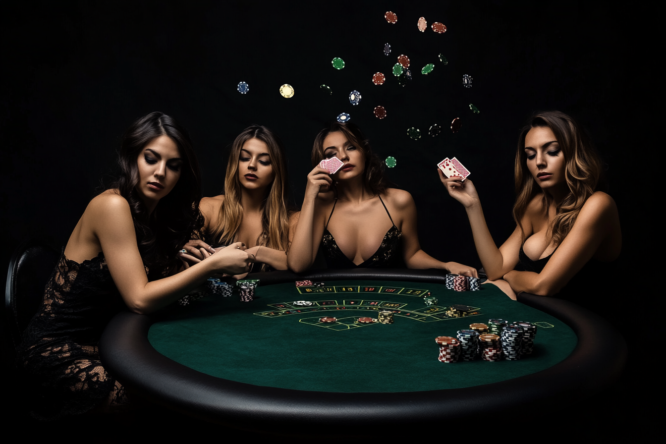 Beautiful women posed around a poker table. Holly Randall style, true photography, intricate, cinematic.