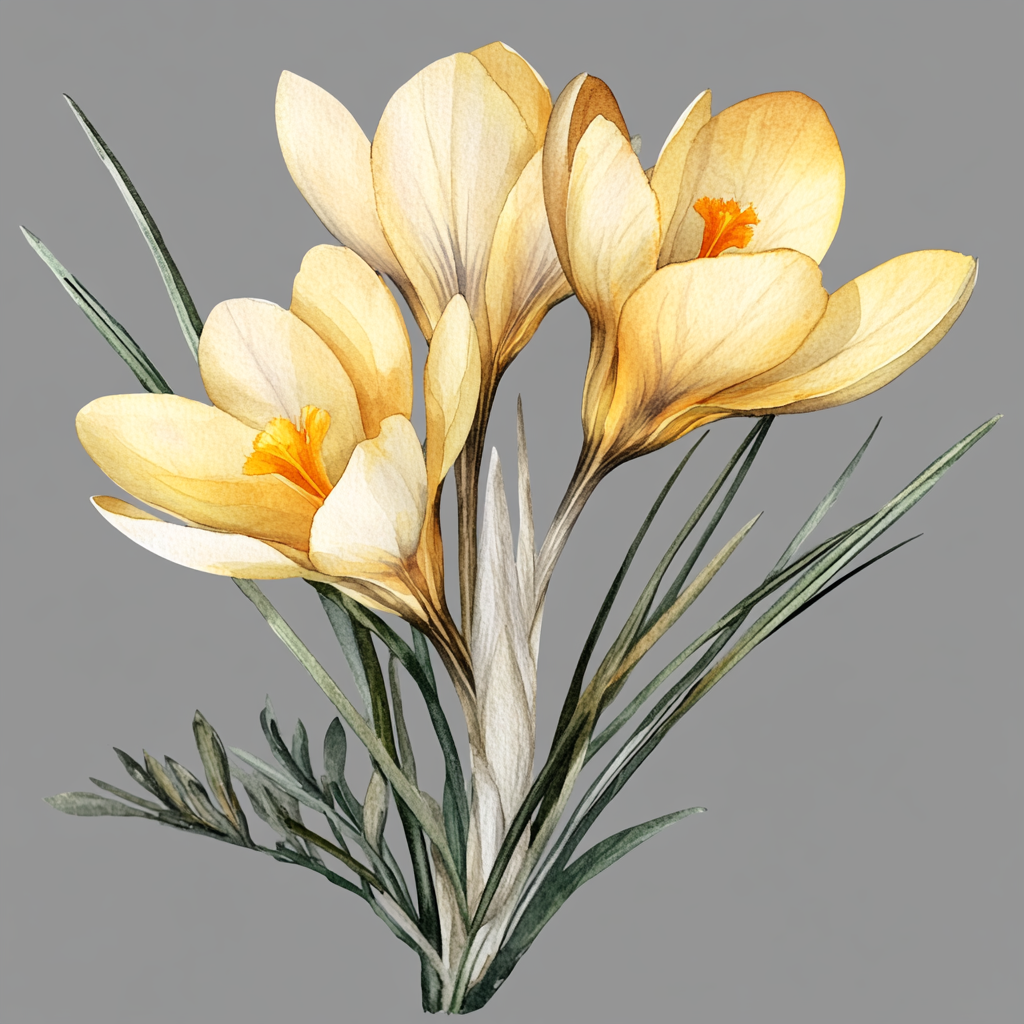 Beautiful yellow crocus flowers in detailed watercolor