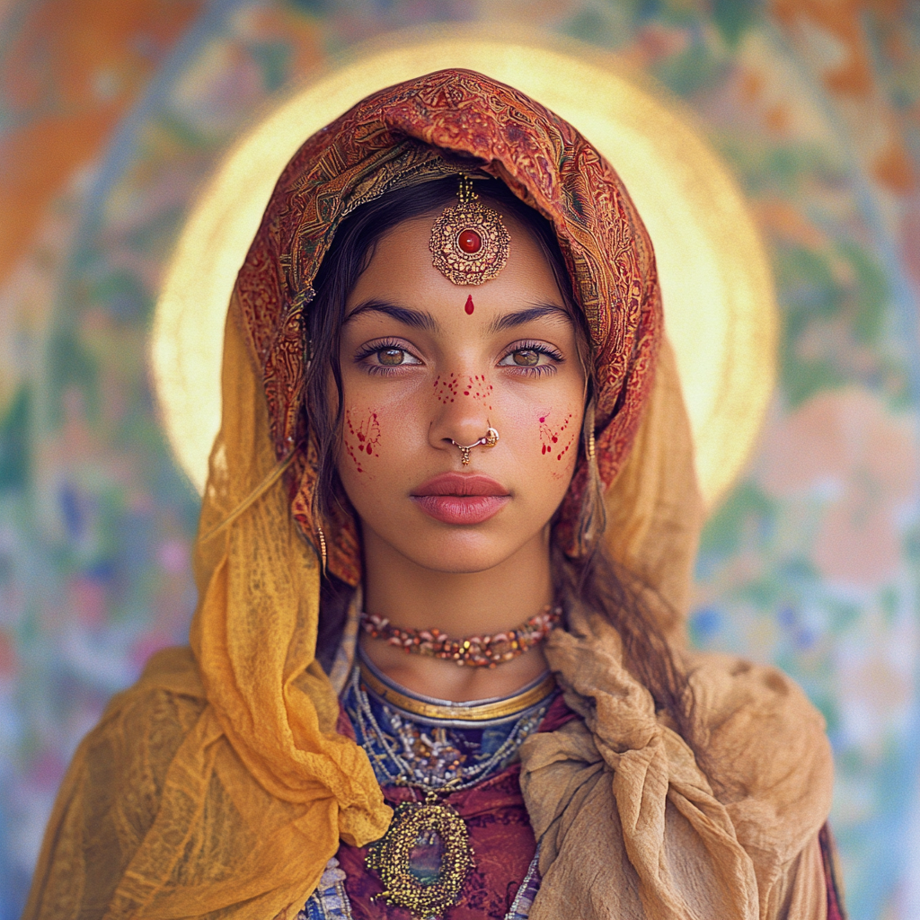 Beautiful young Mary in tribal dress with jewelry