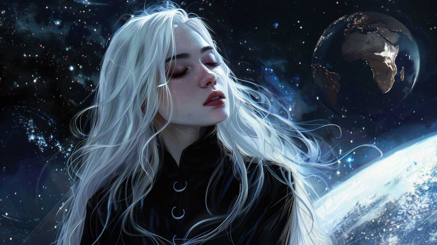 Beautiful young woman with long white hair in space.