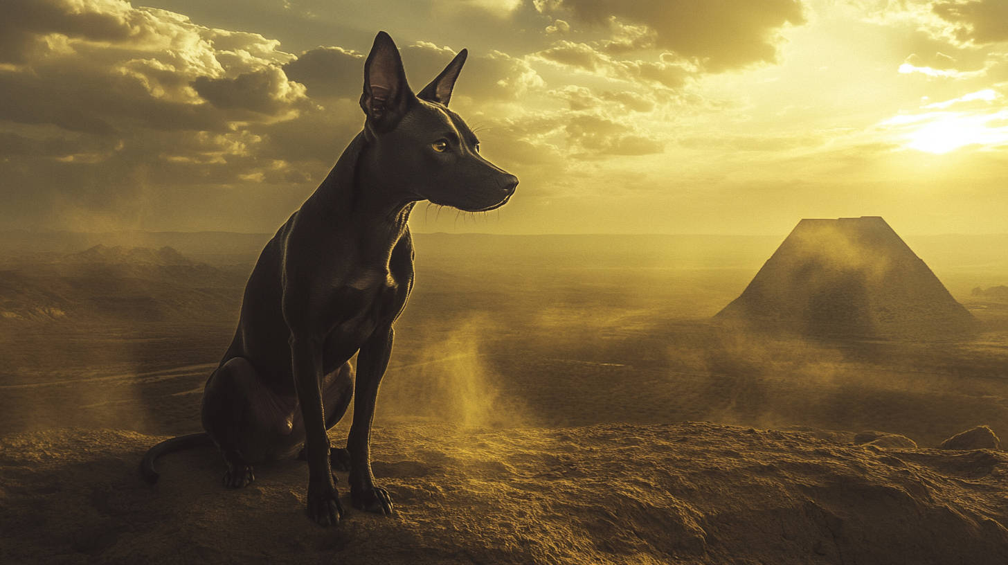 Beauty Xoloitzcuintli at the Top of Aztec Pyramid