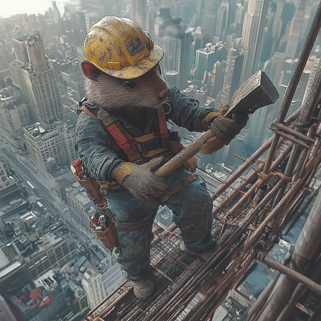 Beaver construction worker atop tall city scaffolding