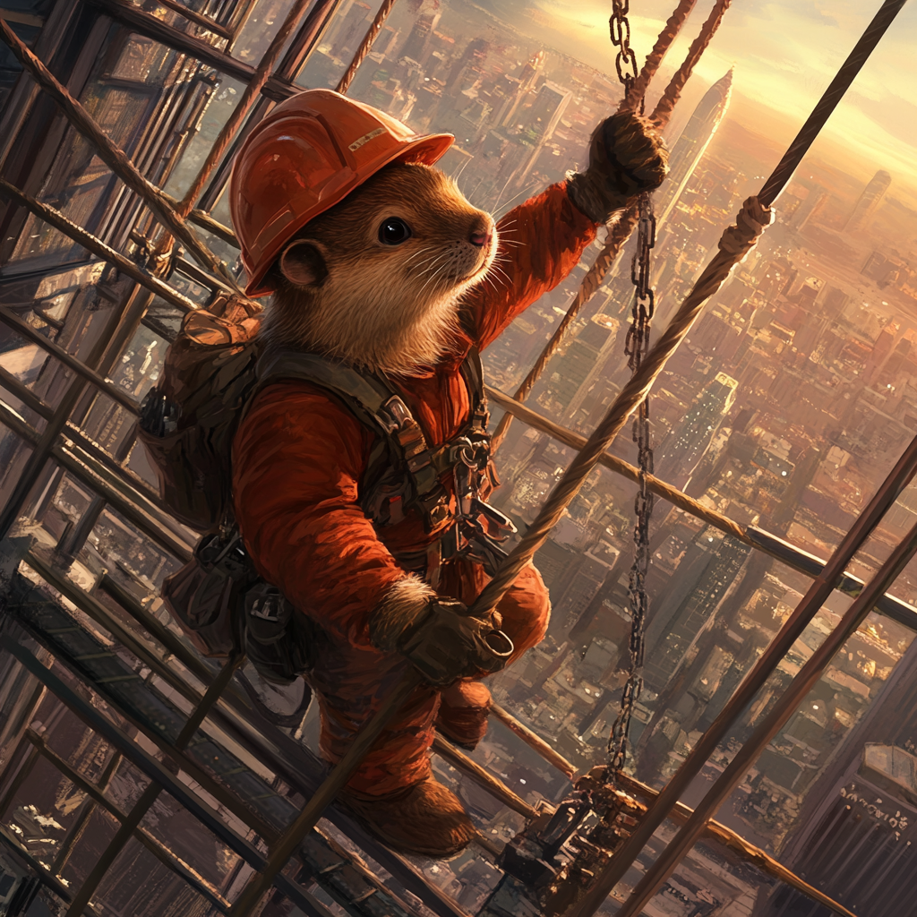 Beaver construction worker high above city with wrench