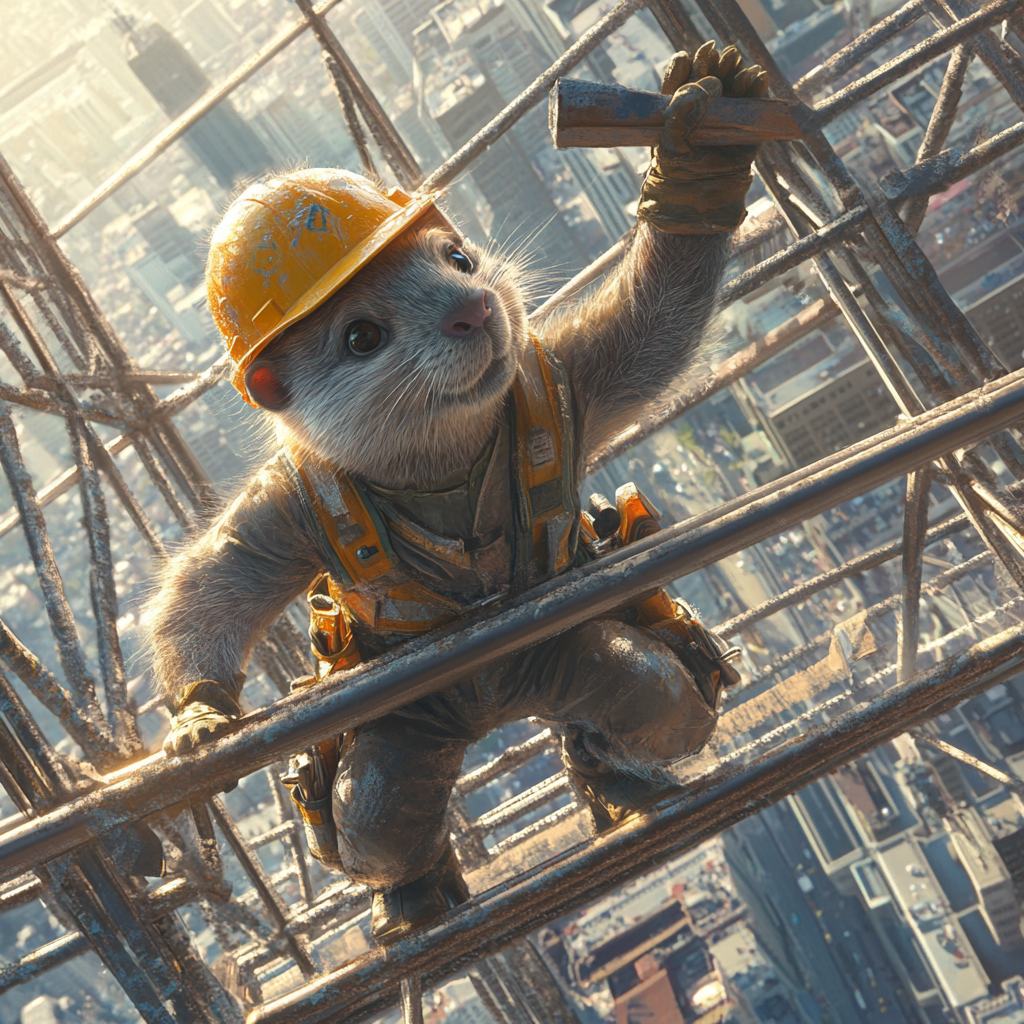 Beaver construction worker on city's tall scaffolding