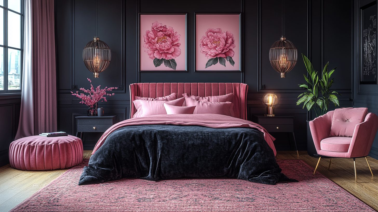 Bedroom Textural Contrast in Pink and Black Theme