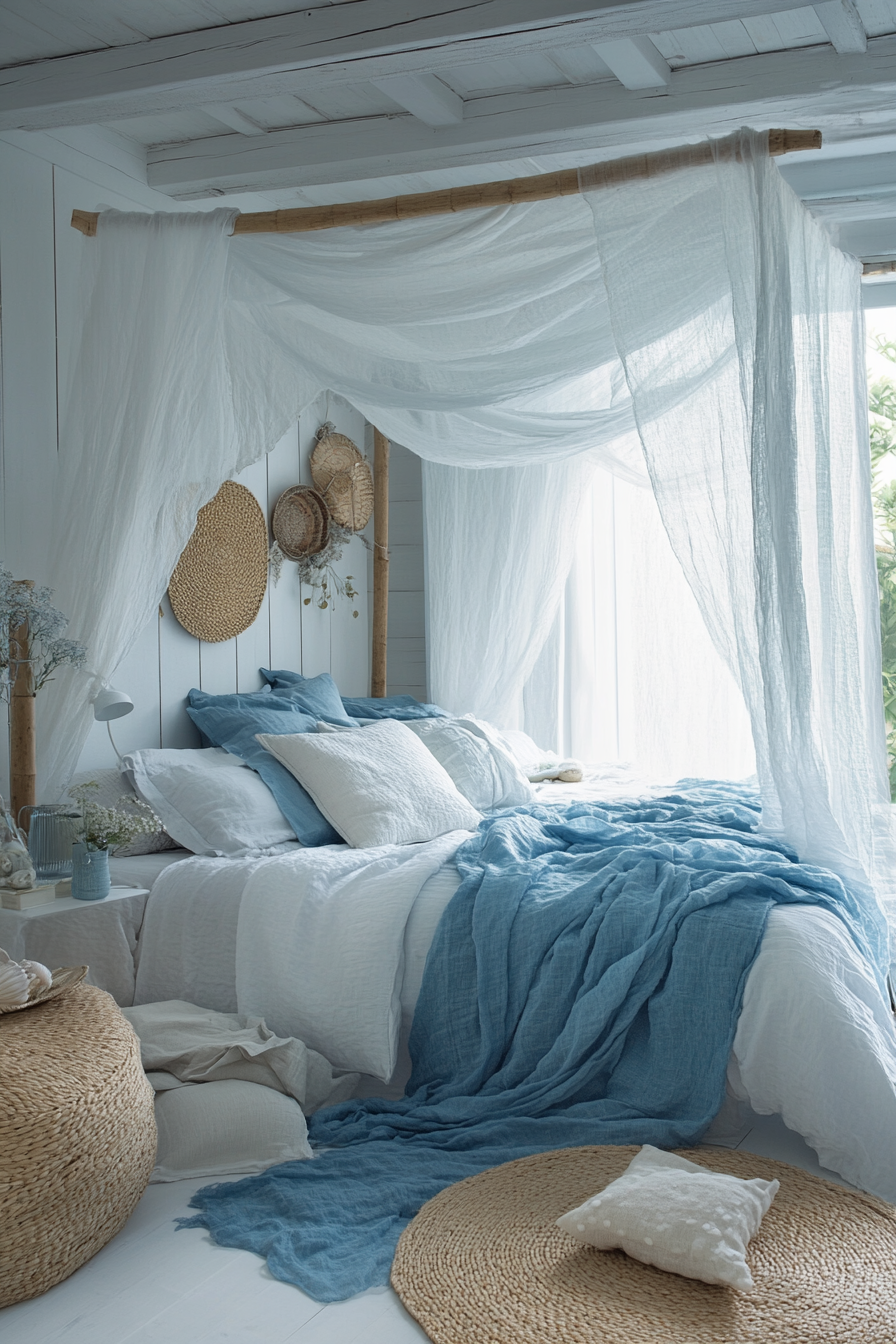 Bedroom with Mediterranean coastal chic decor, serene and inviting.