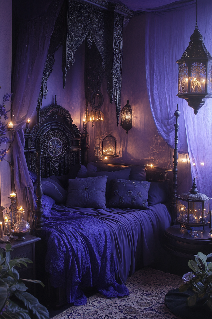 Bedroom with deep purples, gothic arch bed, crystal balls.